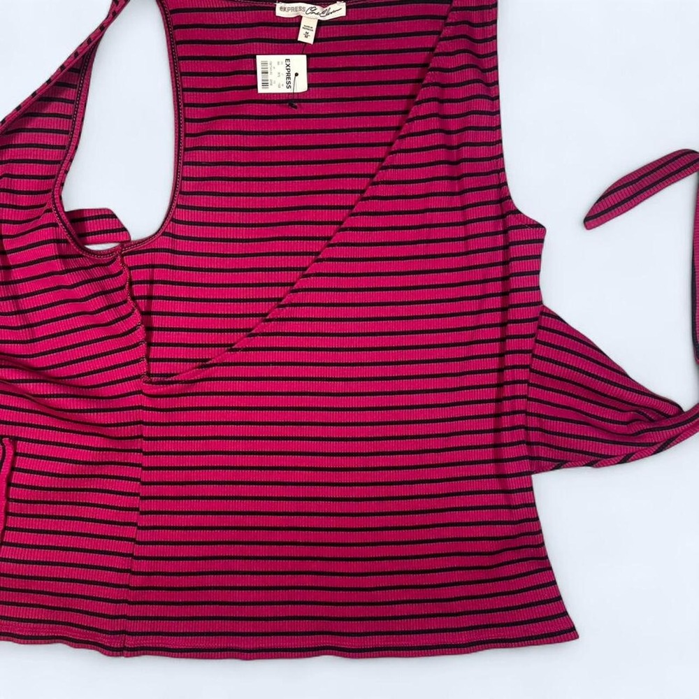 Express Womens Magenta Black Striped Ribbed Wrap Side Tie Tank Top Med NWT - Picture 4 of 8